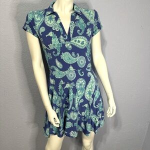 Tori Richard Jaxon Ocean Life Blue Nautical Dress Above Knee V-Neck Lined